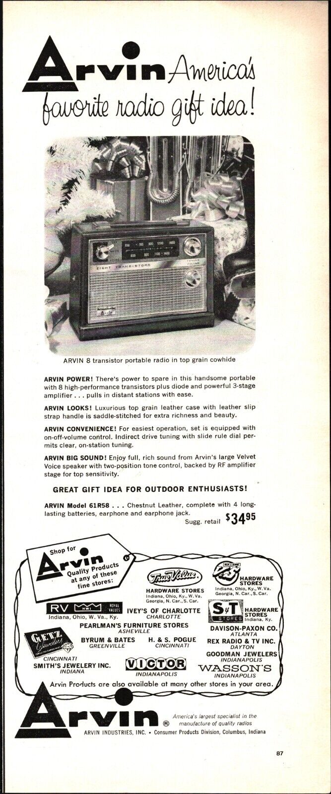 1963 Print Ad Arvin 8 TRANSISTER  Radios Made in Columbus,Indiana
