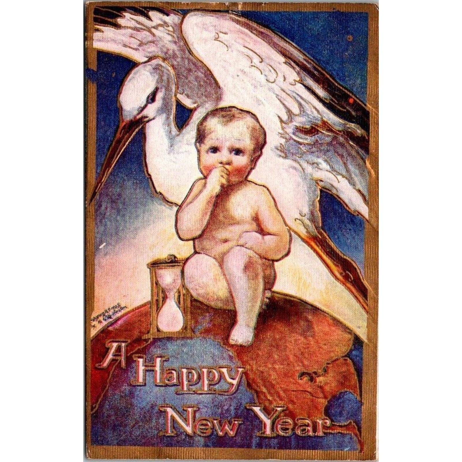 Vintage Postcard A Happy New Year Embossed Stork and Baby Postmarked