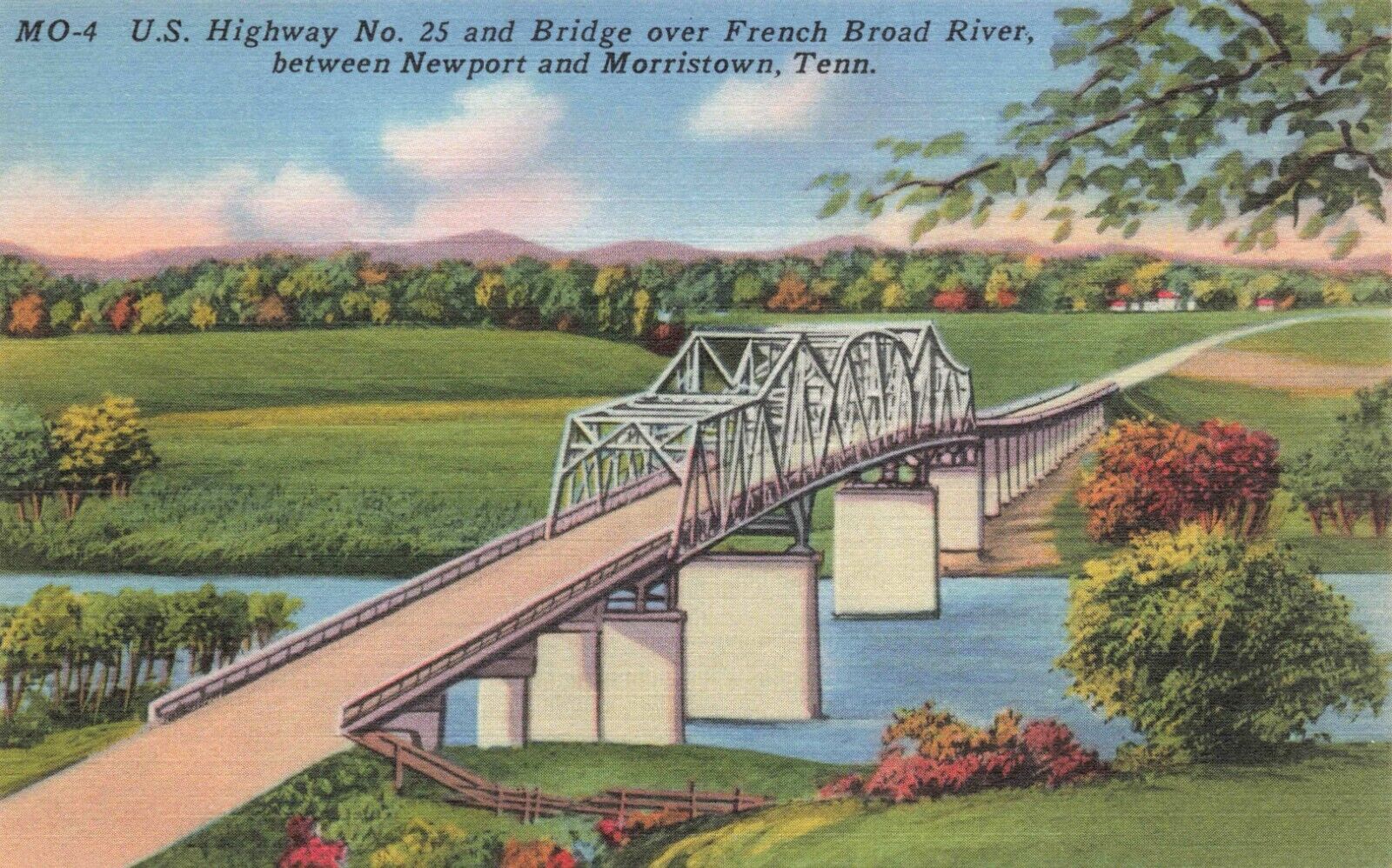Postcard TN Newport Morristown French Broad River Bridge US Highway 25 Linen