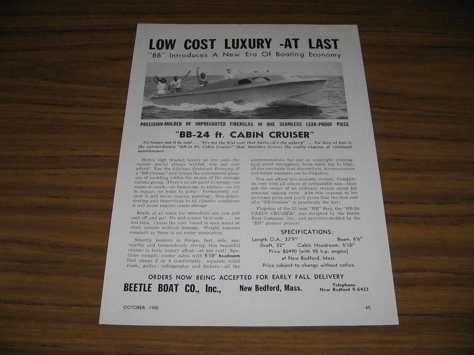 1950 Print Ad Beetle Boat BB-24 Ft Cabin Cruisers New Bedford,MA