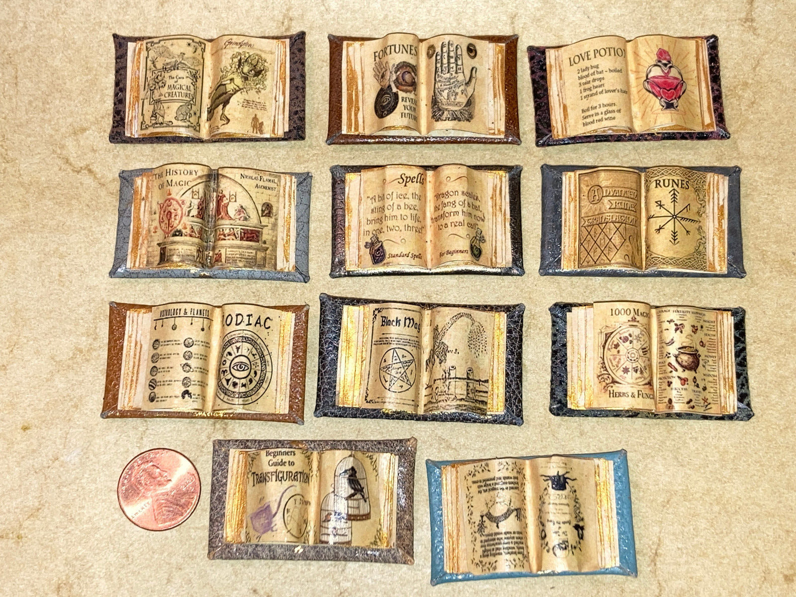 Miniature TINY set of 11 handmade faux leather opened books Wizard Dollhouse