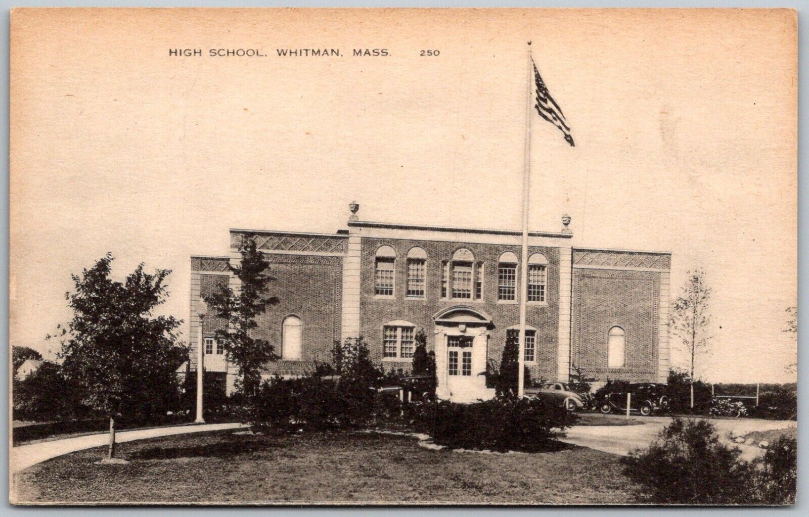 Whitman Massachusetts 1940s Postcard High School Building Flag