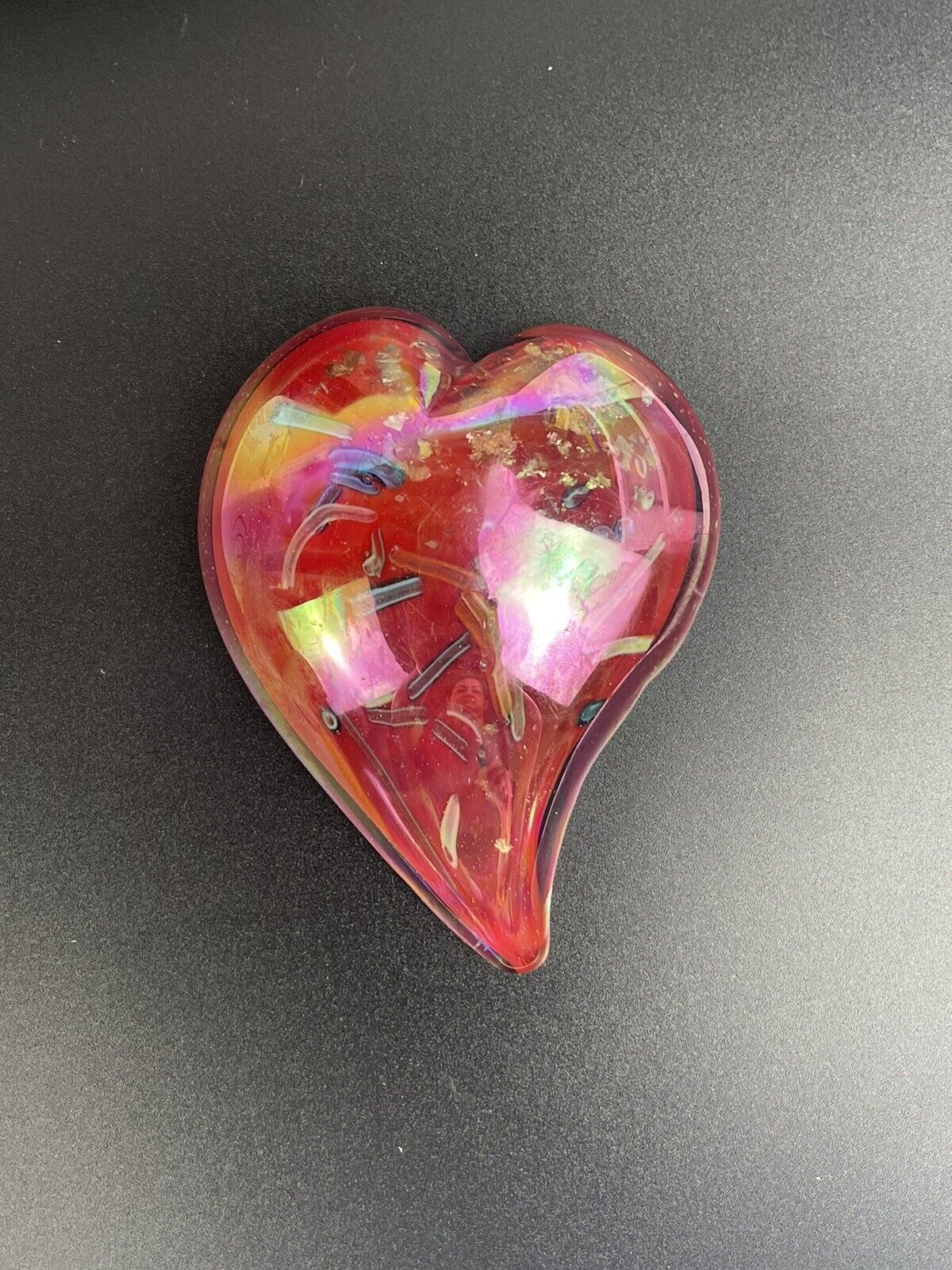 Art Glass Hand Blown Red Multi Colorful Heart Shaped Paperweight EXCELLENT