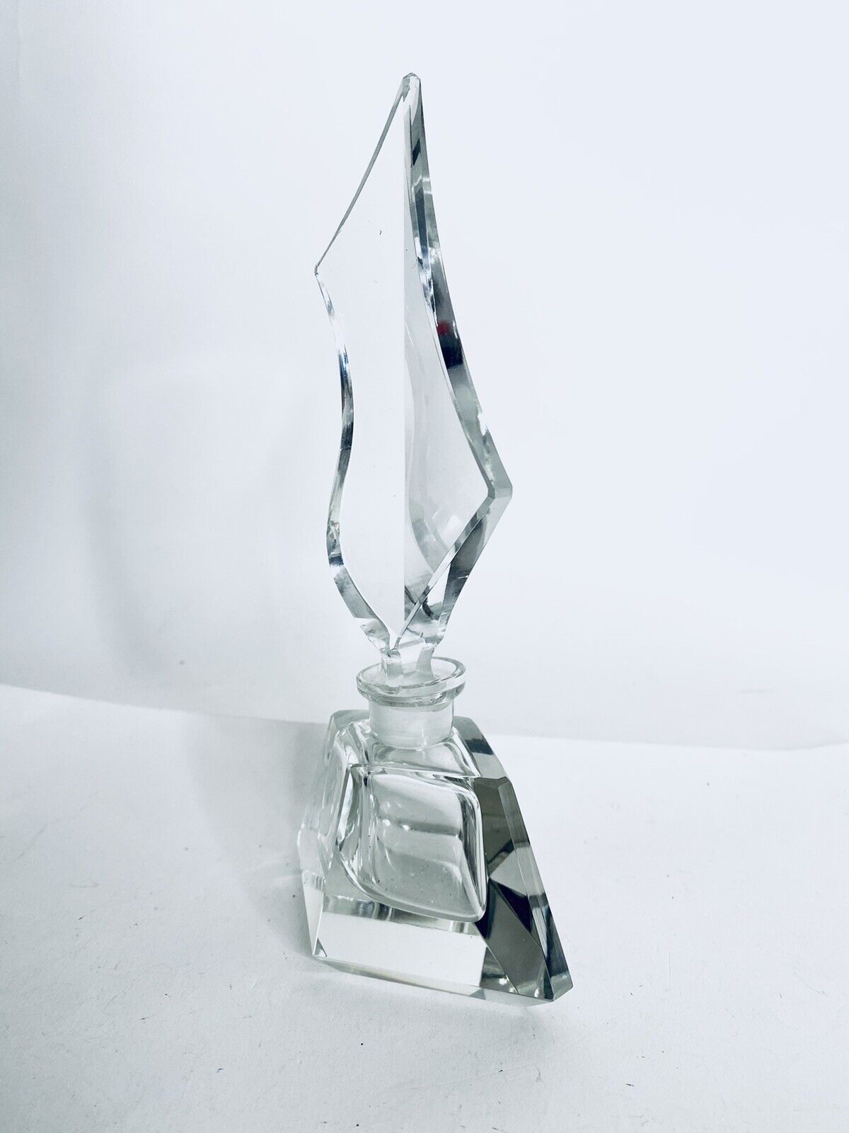 Vintage Inkwell Italian Cut Lead Crystal Perfume Bottle W Geometric Topper 8.5”