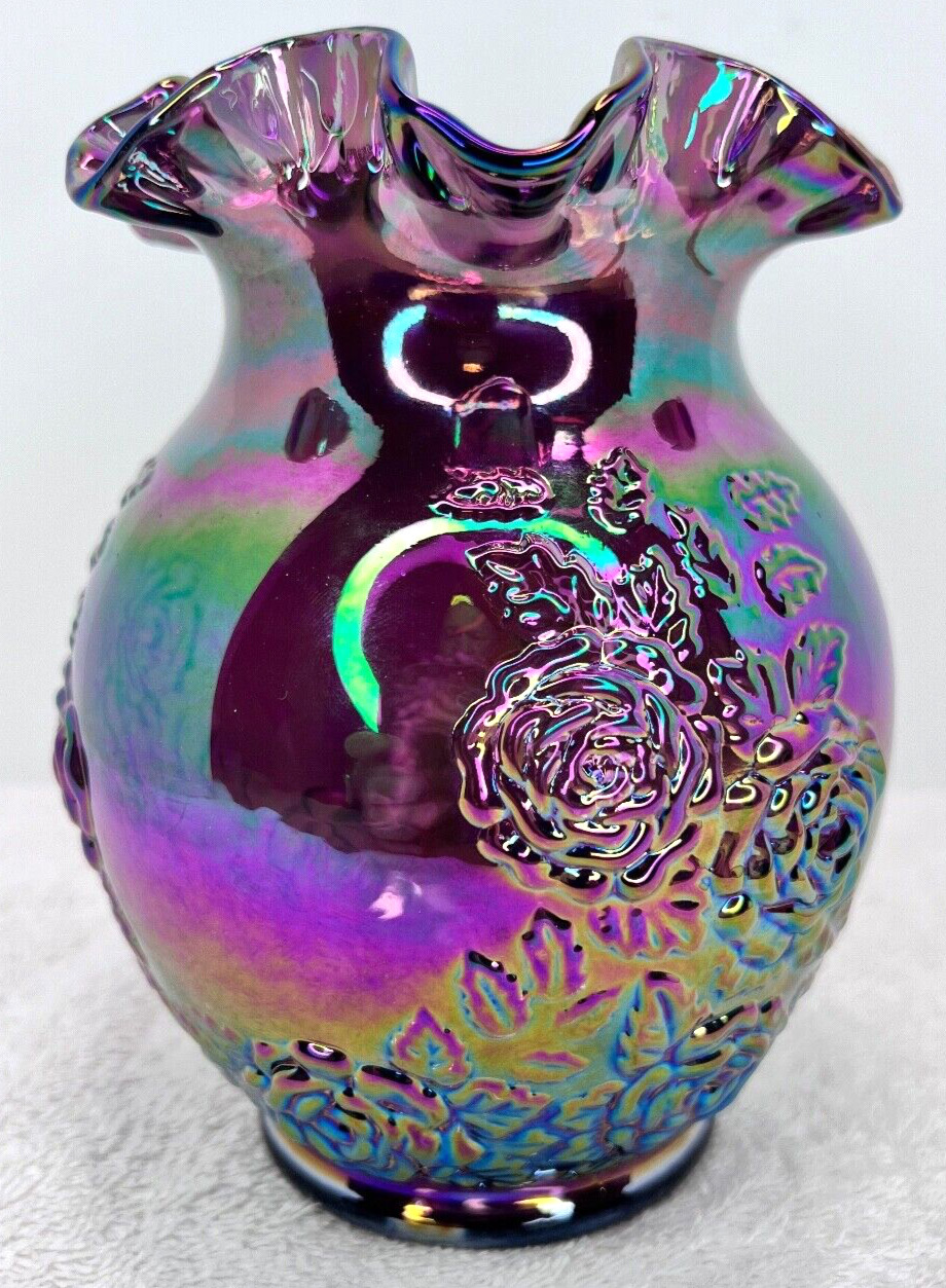 Fenton Art Glass Plum Carnival Rose Embossed Vase – 6.5” (Undecorated)