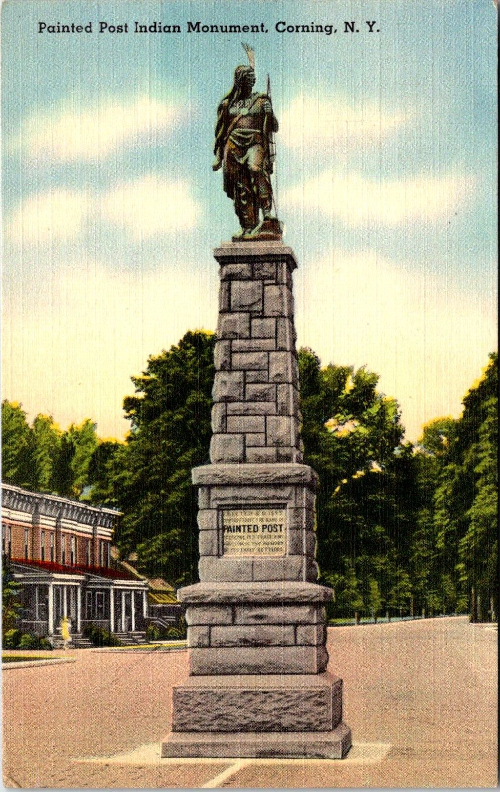 Postcard 1948 Painted Post Indian Monument, Cornell New York,  Linen