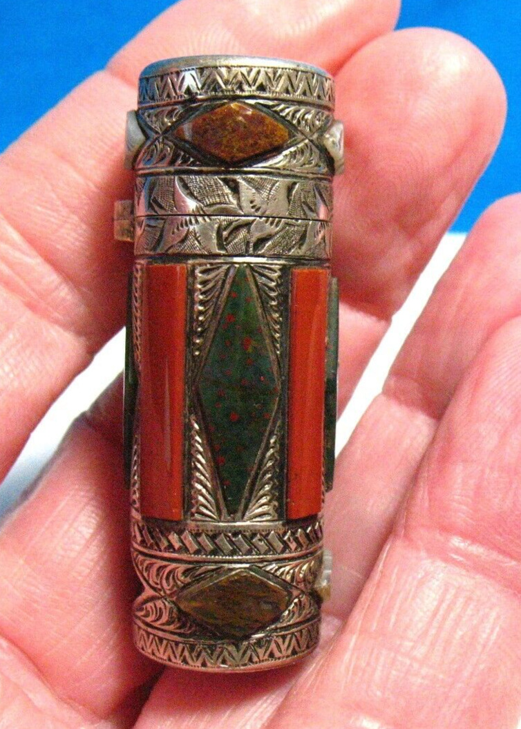 STERLING SILVER ANTIQUE BLOOD STONE CARNELIAN AGATE PERFUME HOLDER 21.8 GRAMS