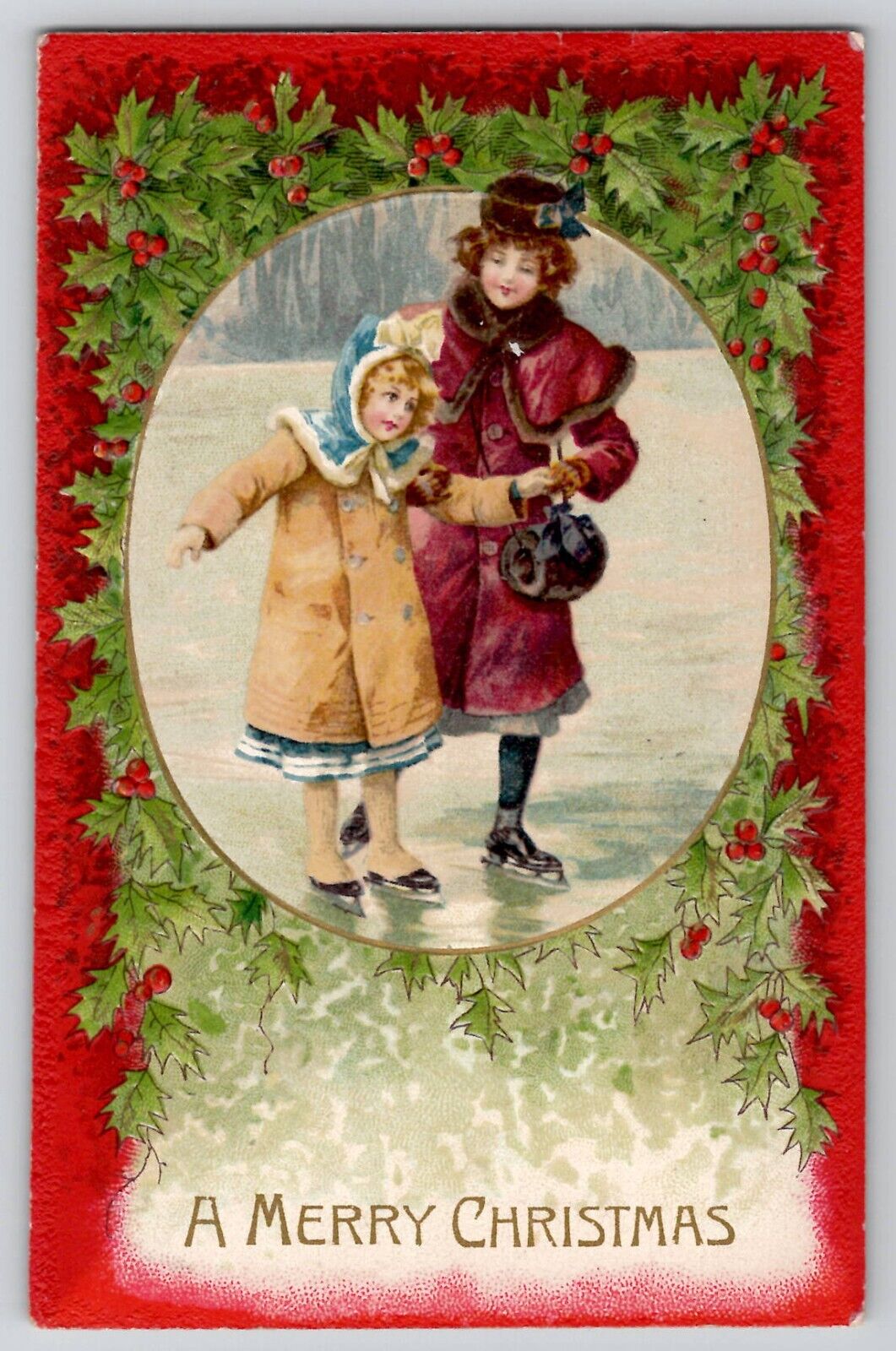 Merry Christmas Mother Lady Little Girl Ice Skating Winsch Back Postcard 1909