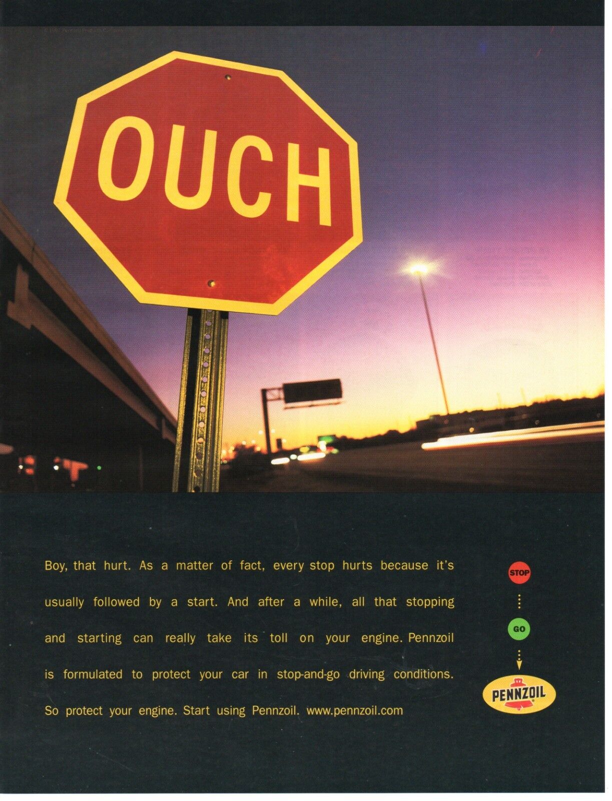 1997 PENNZOIL Motor Oil NASCAR Racing PRINT AD WALL ART - OUCH EVERY STOP HURTS