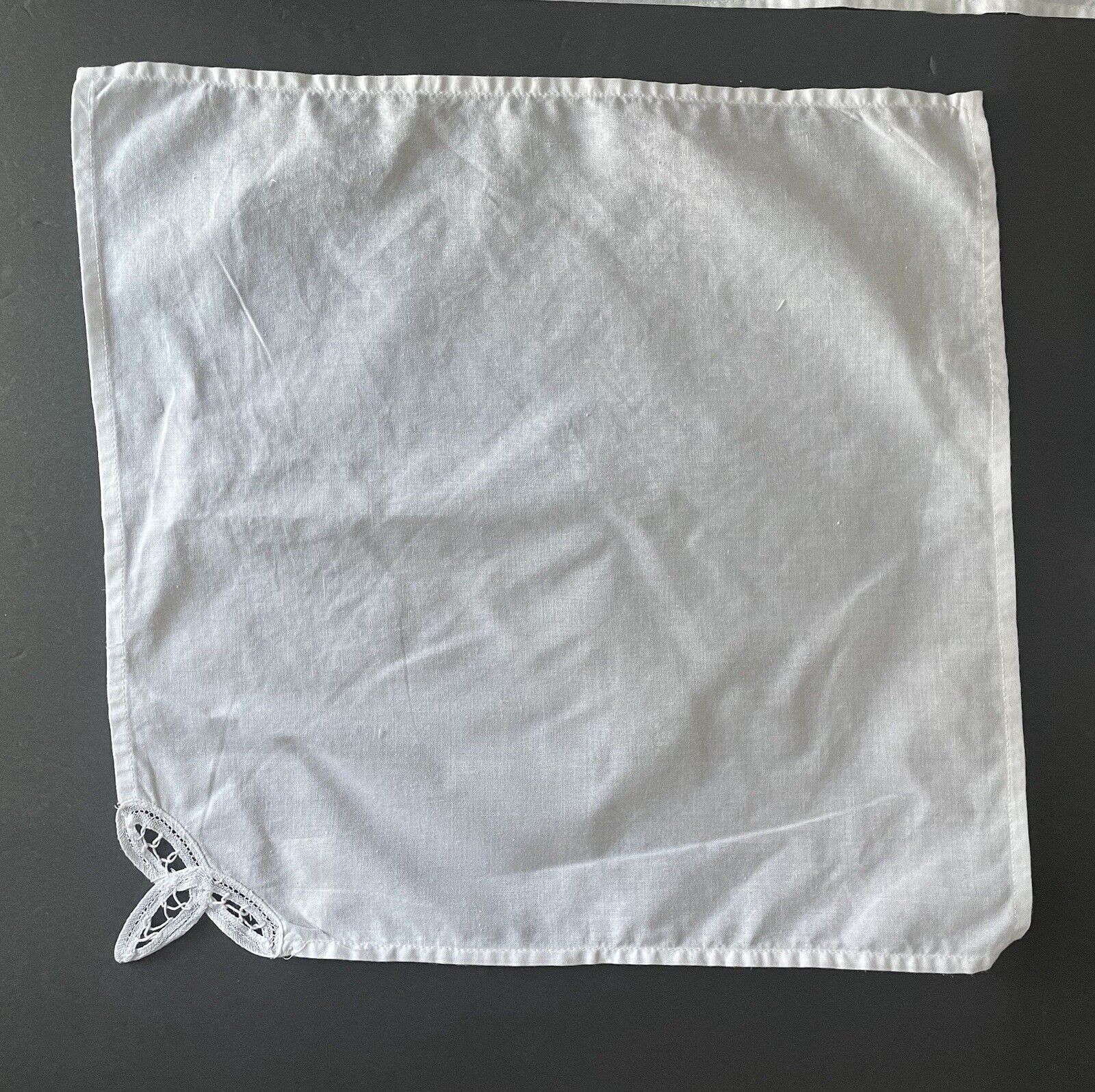 12 white cotton napkins Battenburg lace trim 15\
