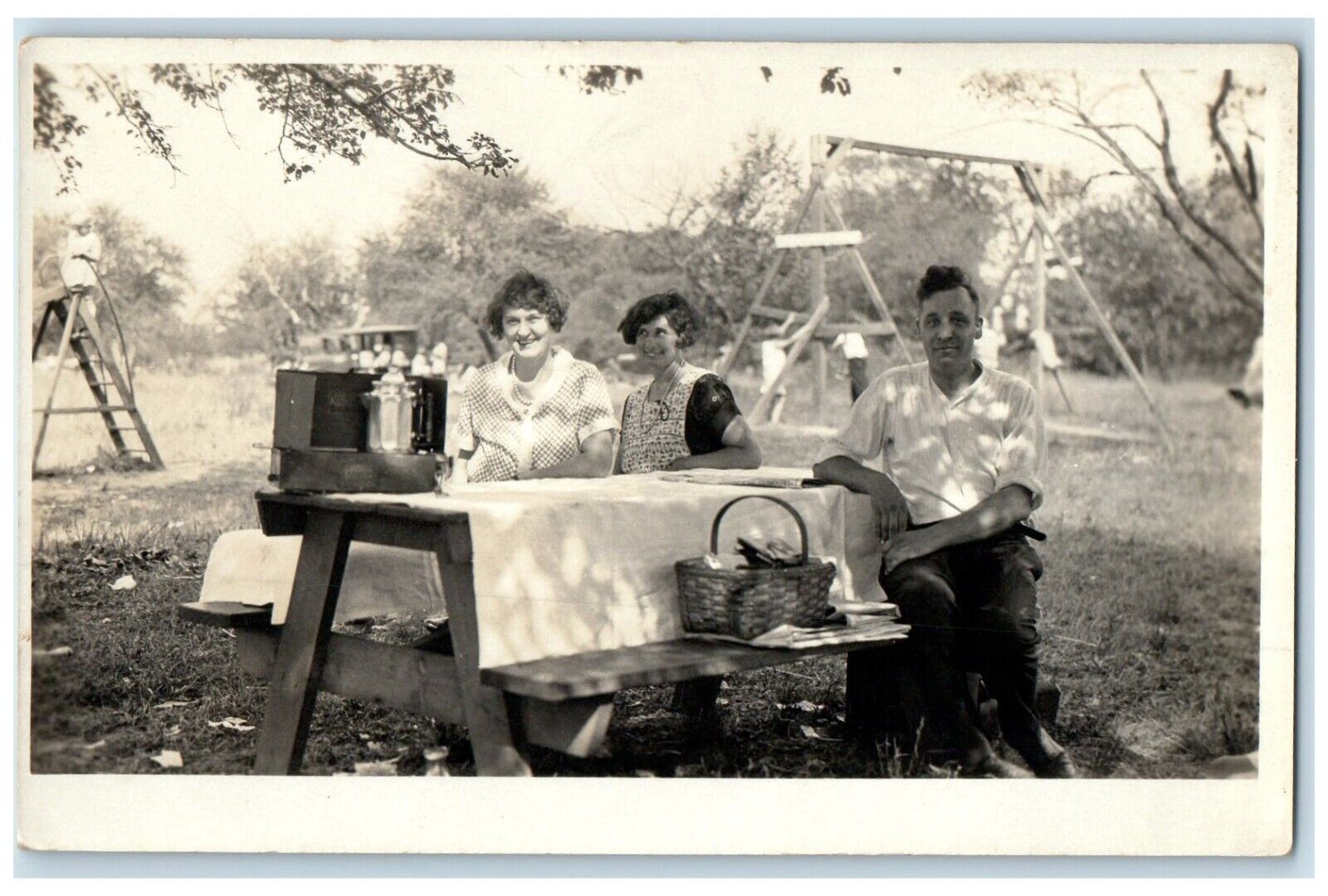 c1930's Picnic At The Park Playground RPPC Photo Posted Vintage Postcard