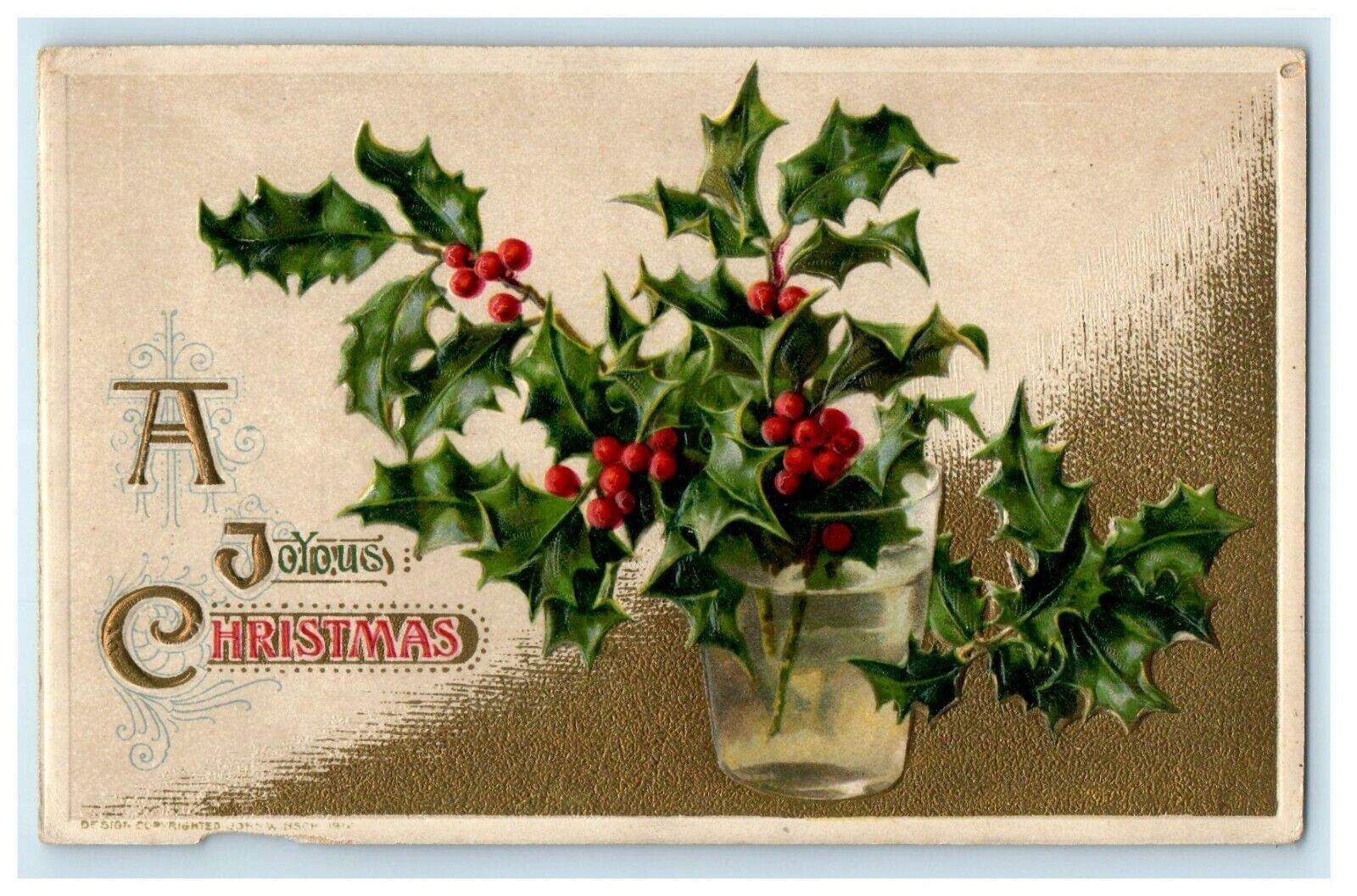 John Winsch A Joyous Christmas Holly Berries In Glass Embossed Unposted Postcard