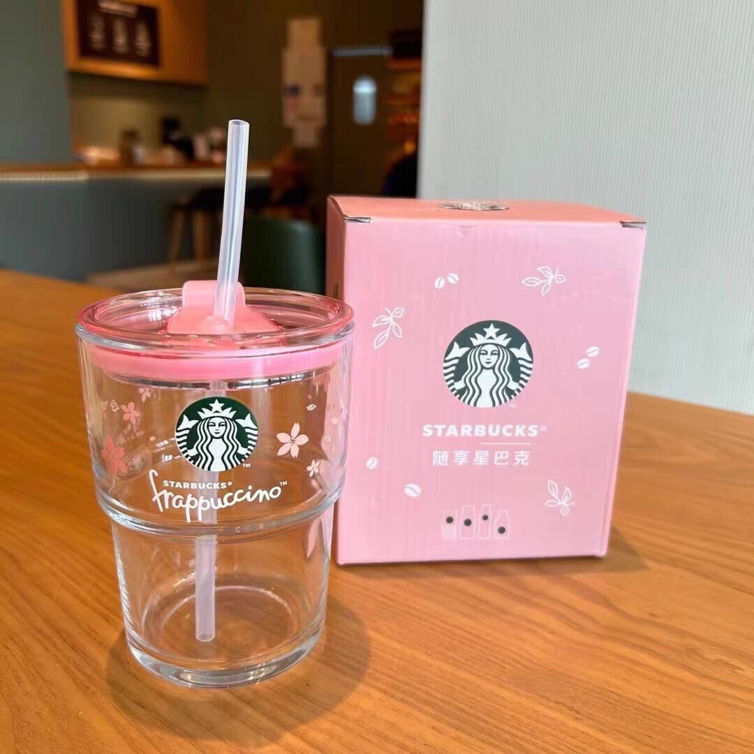 New Starbucks Pink Cherry Blossom Sakura Coffee Tumbler glass Straw Cup 13oz