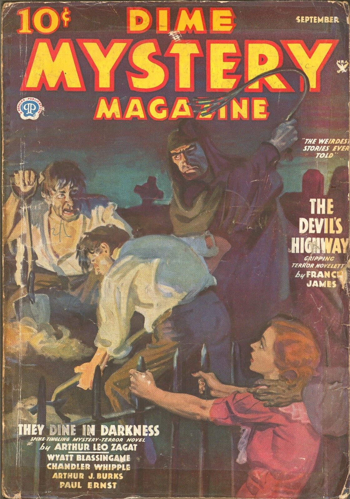 Dime Mystery 1935 September. Graveyard, whipping cover.  Pulp