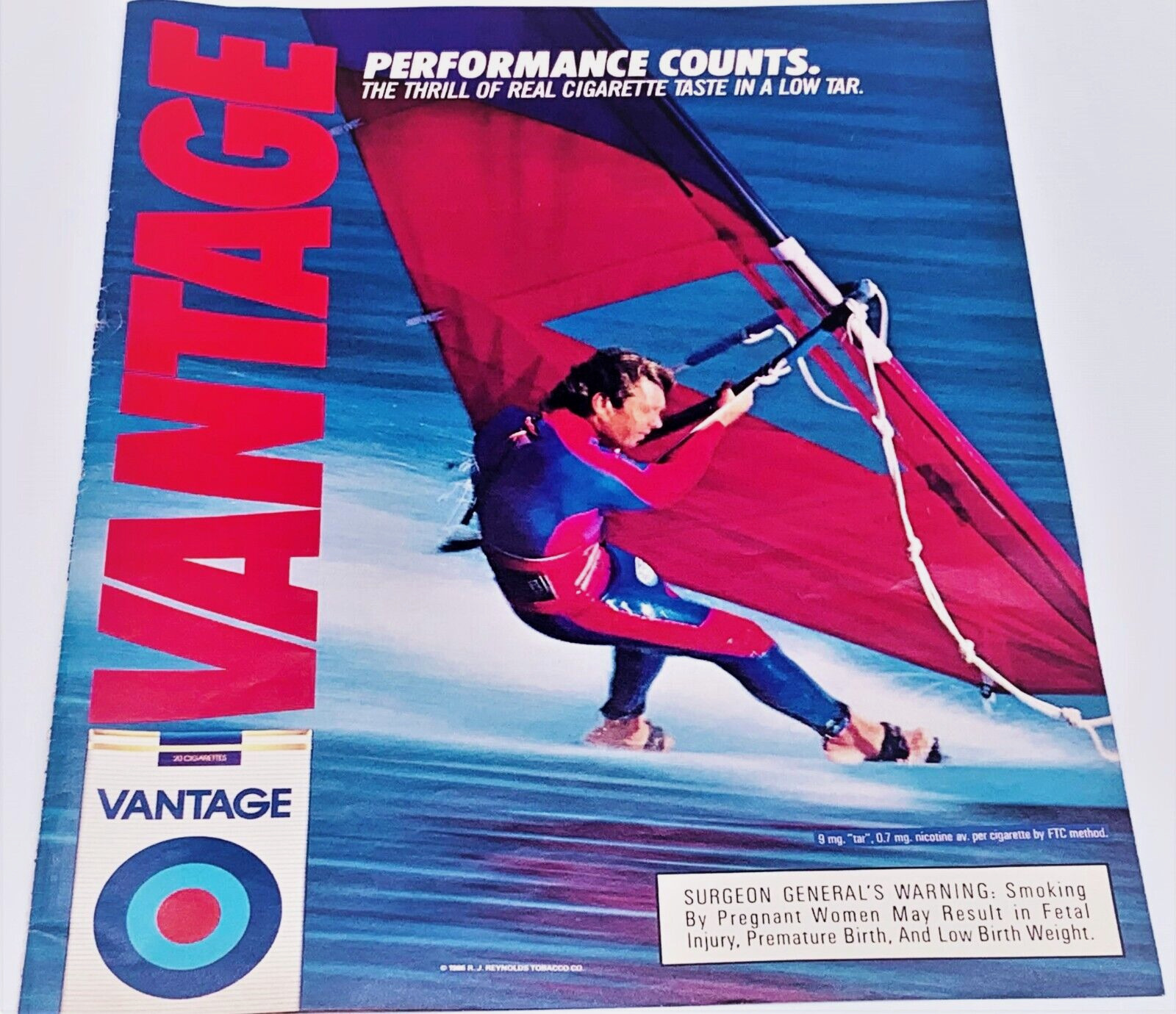 1986 Vantage Regular Cigarettes Vintage Print Ad  Performance Counts Wind Surfer