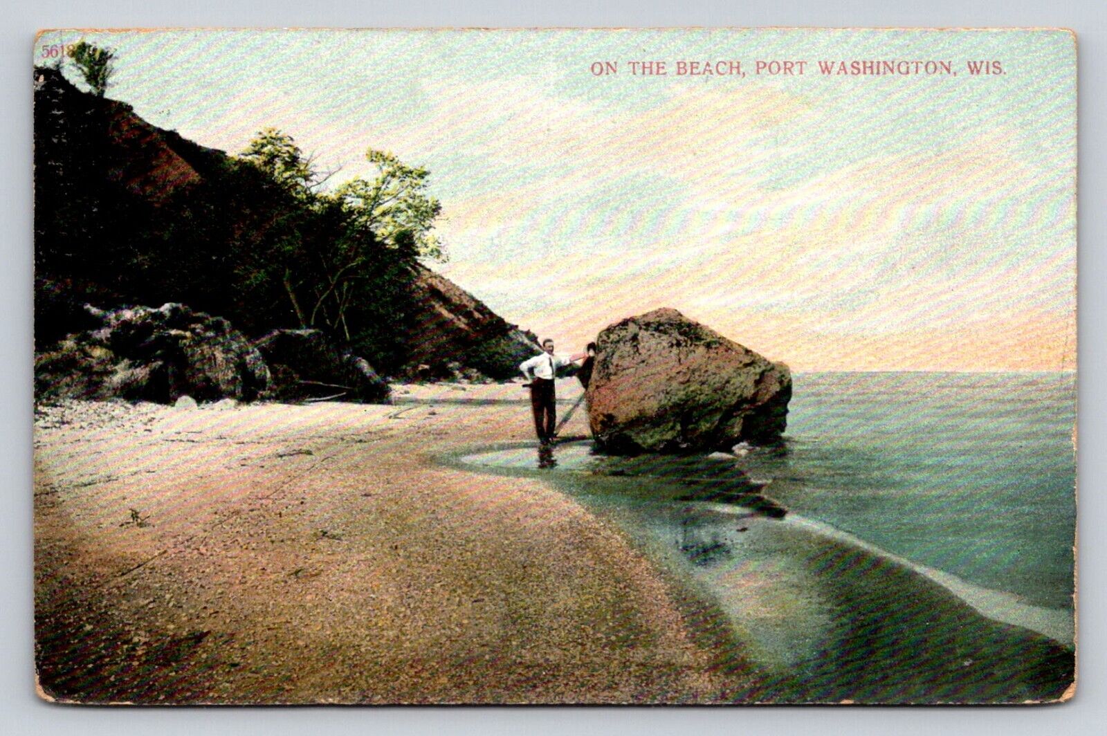 c1910 Man Large BOulder Rock On The Beach Port Washington Wisconsin P817