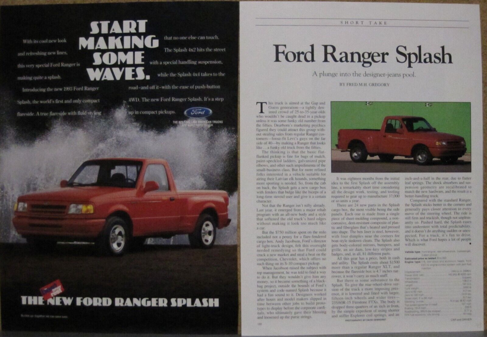 1993 Ford Ranger Splash Ad; Road test