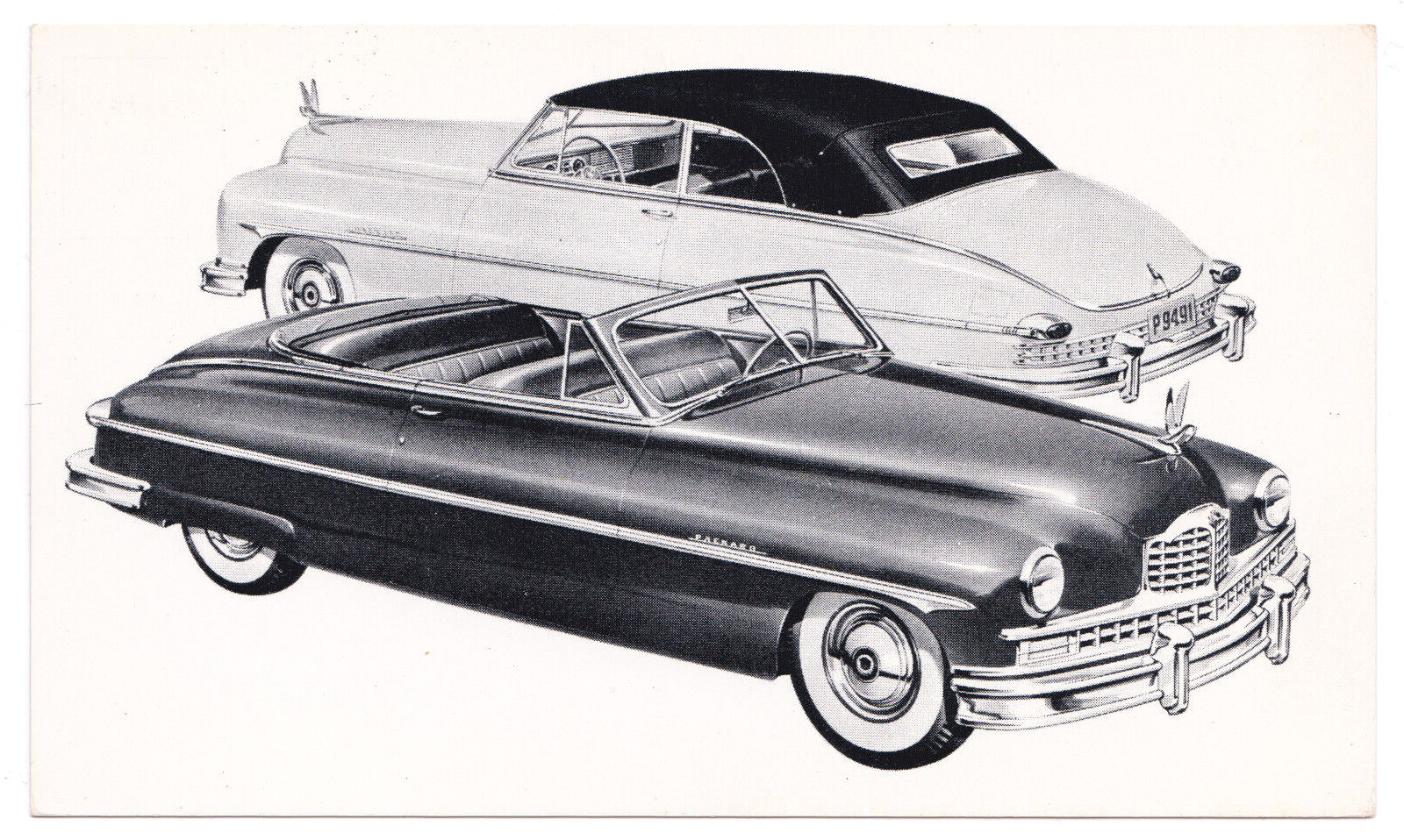 Packard Convertible Automobile Two Late 1940s Cars B&W Lithograph Postcard