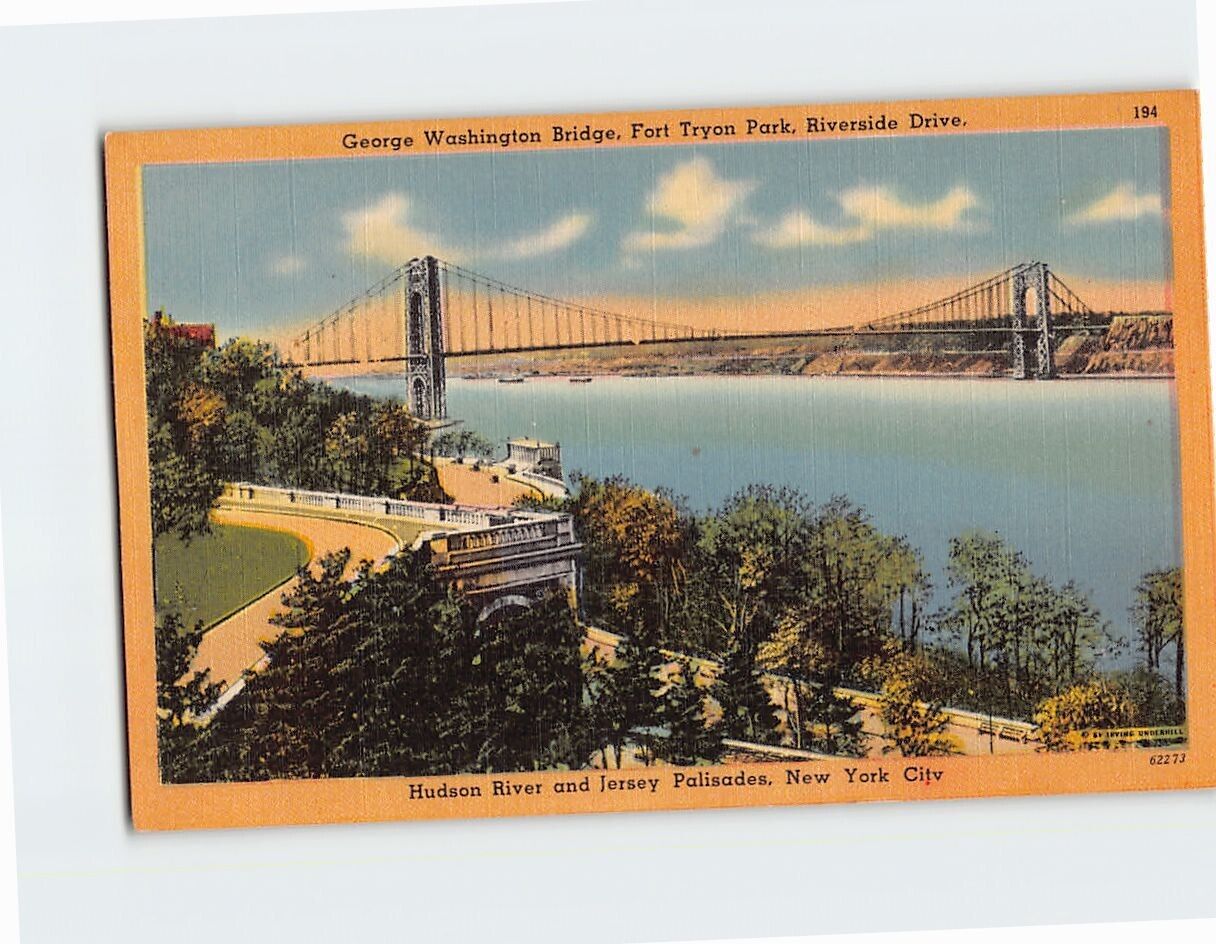 Postcard George Washington Bridge Fort Tyron Park Hudson River Jersey Palisades