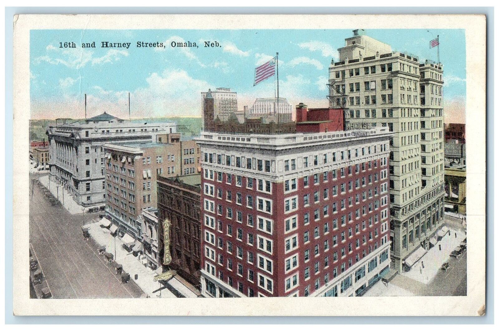 c1920s 16th Street And Harney Streets Omaha Nebraska NE Unposted Flags Postcard