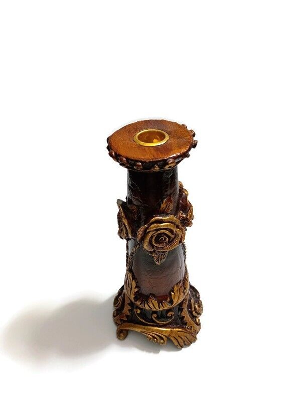 Antique Wooden Pillar Candle Holder Decorated With Gold Flowers And Leaves