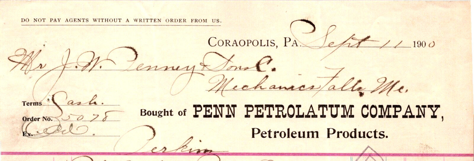1900 Penn Petroleum Company Petroleum Products to J W Penney CORAPOLIS PA   K391