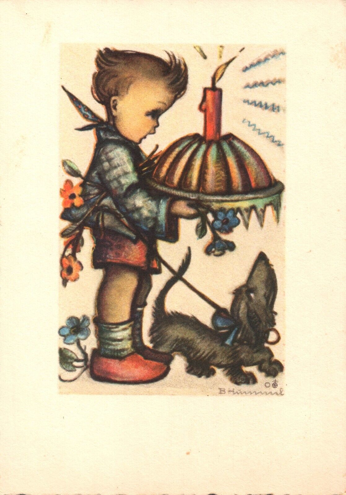 Hummel Boy Cake Candle Dog Germany Verlag Joseph Mueller Munich Postcard