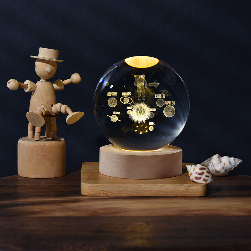 60mm 3D Laser Engraved Crystal Ball with Warm Wooden Led Light Base New