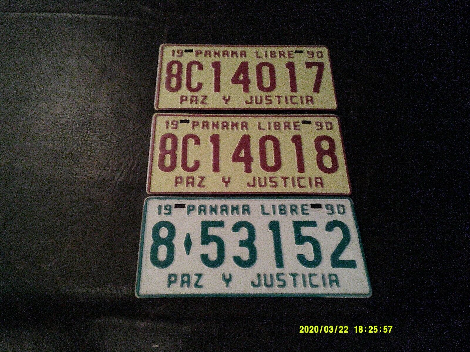 Three 1990 Panama License Plates--- Two in Succession + One