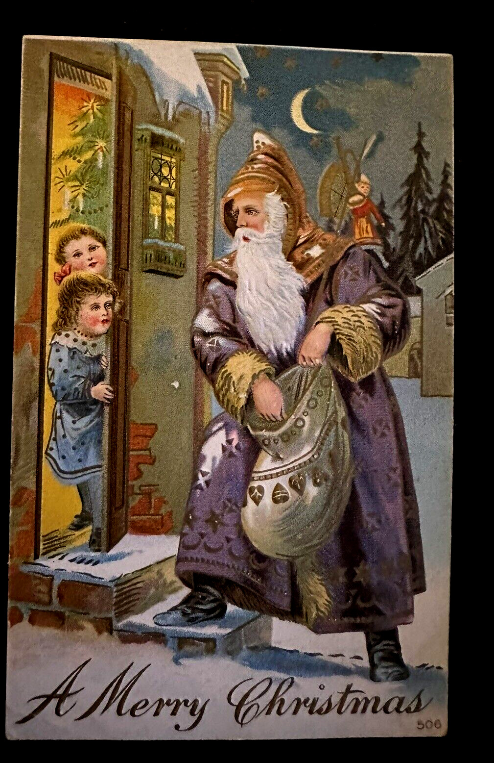Long Purple Robe Santa Claus with  Children~Toy Sack~ Christmas Postcard~h960