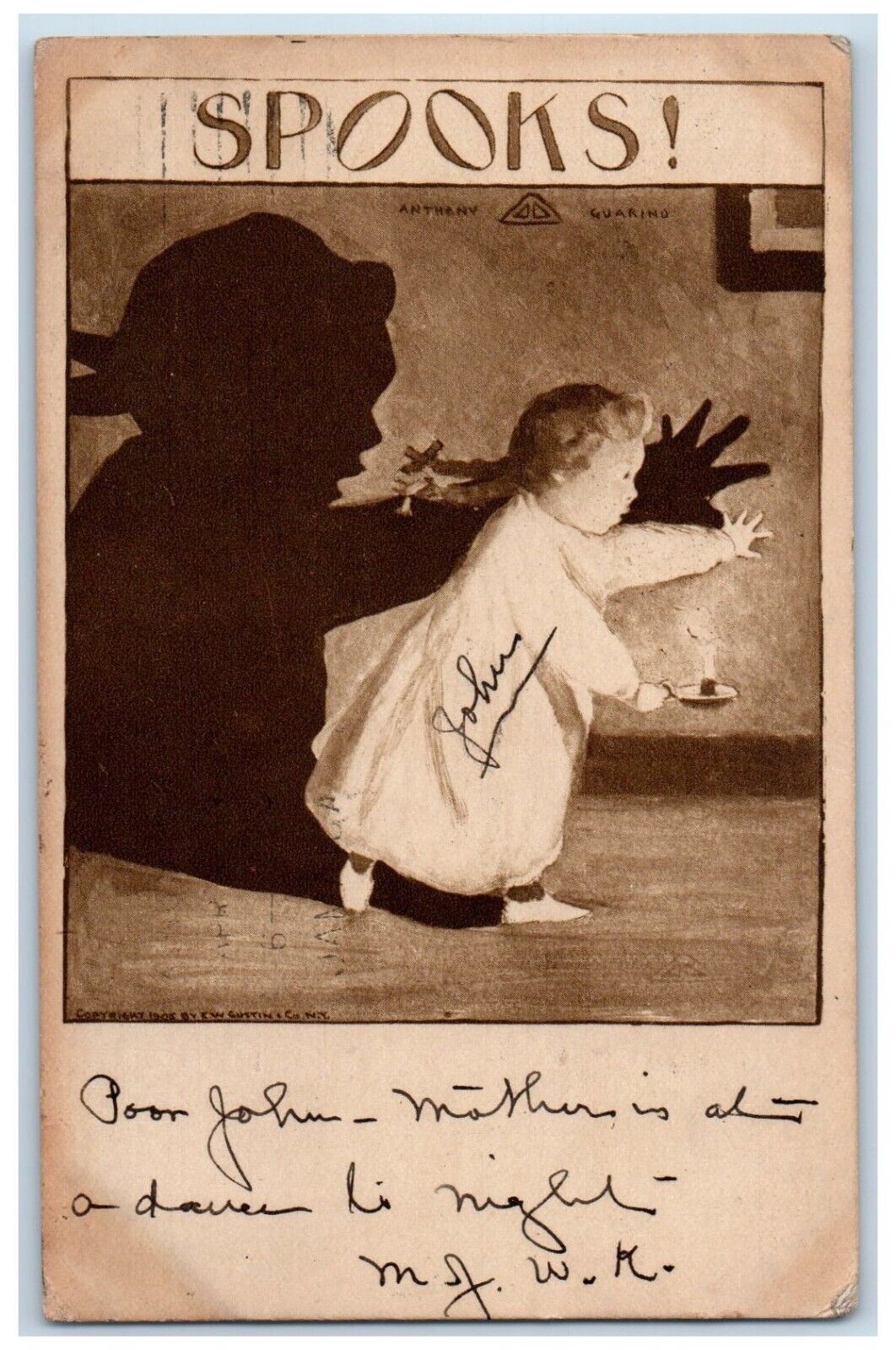 c1910\'s Little Girl Ghost Scary Spooks With Candle Lights Shadow Posted Postcard