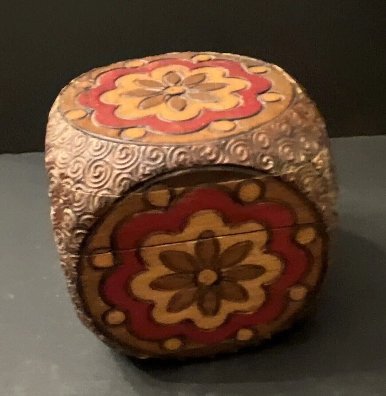 Unique Carved Wooden Pyrography Painted Hinged Tinker Box
