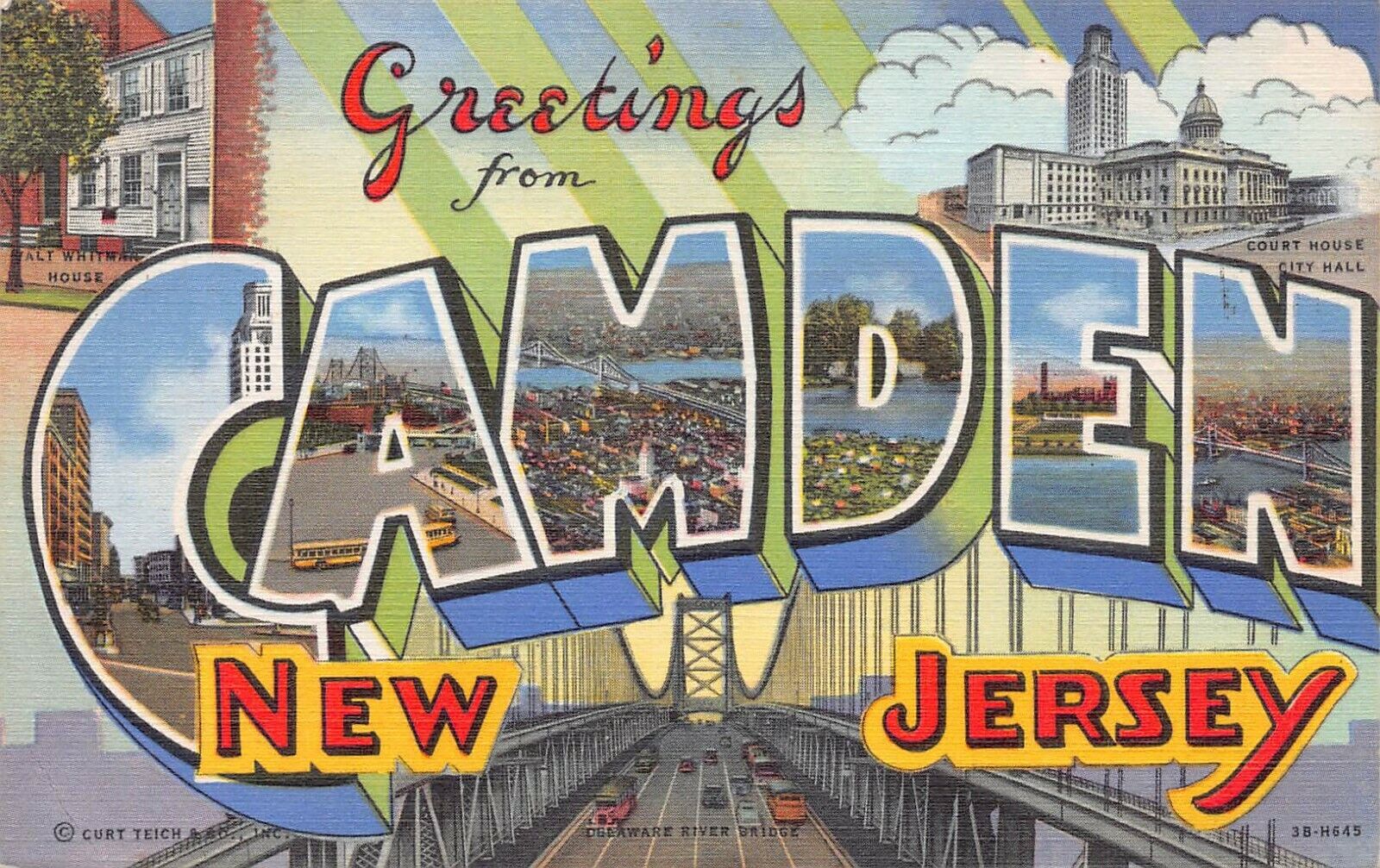 Large Letter: Greetings From Camden, New Jersey, 1944 Linen Postcard, Used