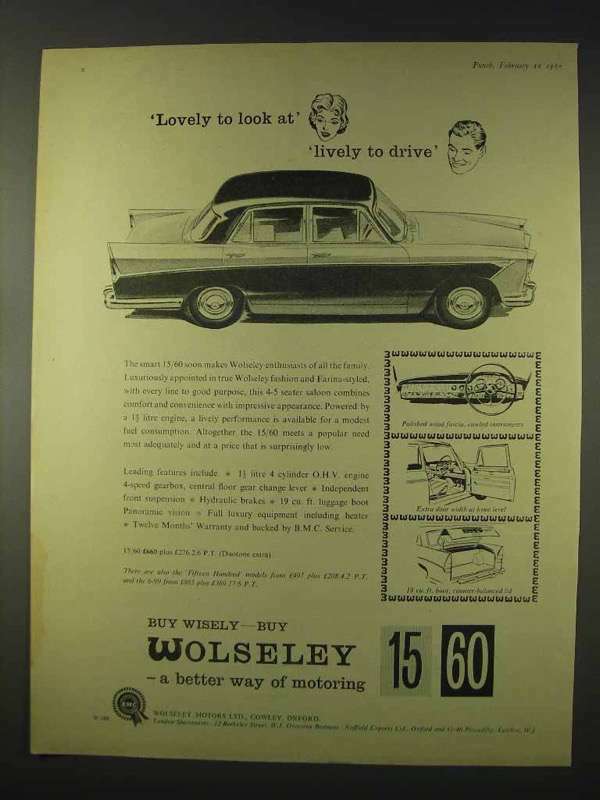 1960 Wolseley 15/60 Car Ad - Lovely To Look At