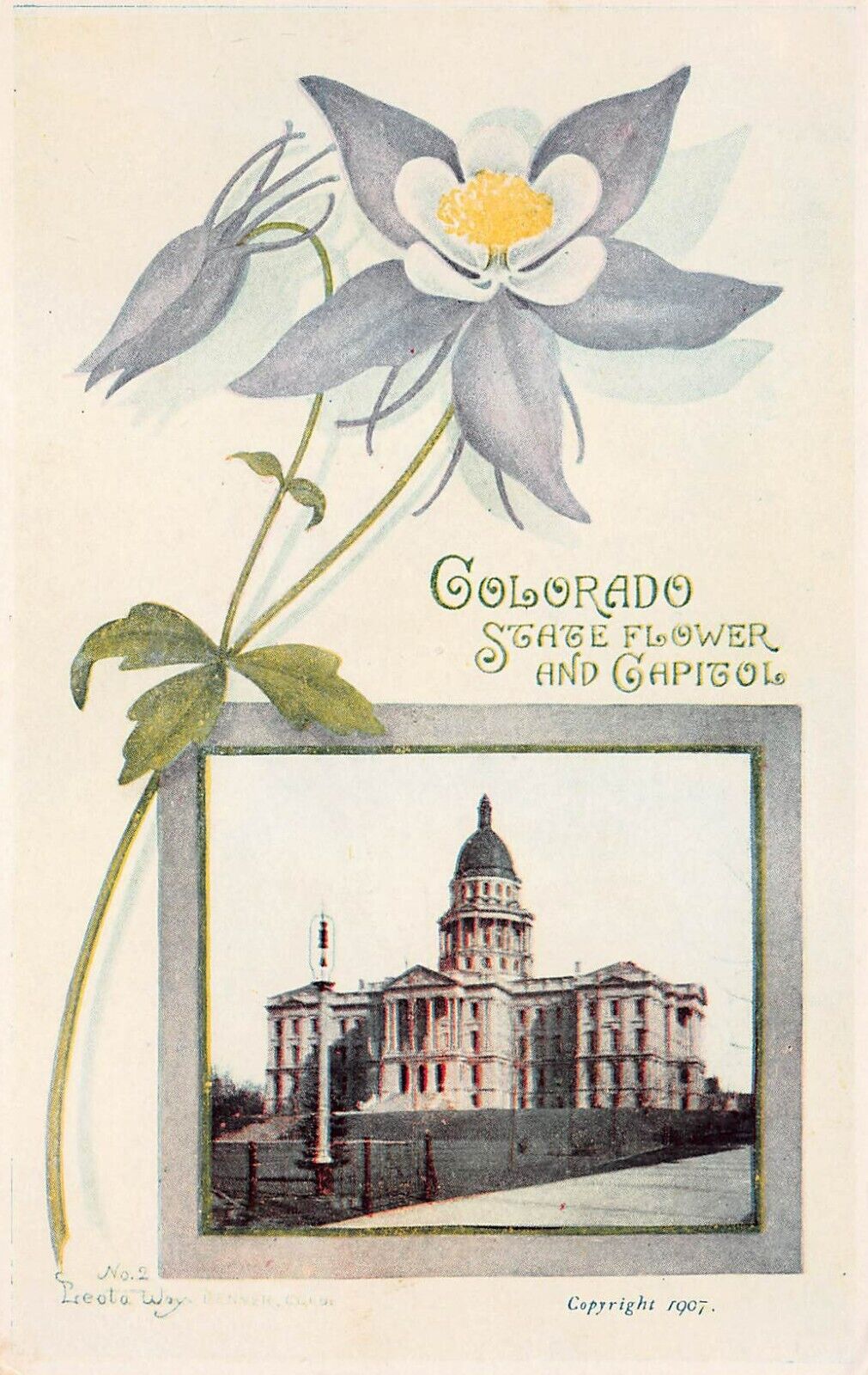 Denver Colorado State Capitol Flower Blue Columbine Patriotic Vtg Postcard B11