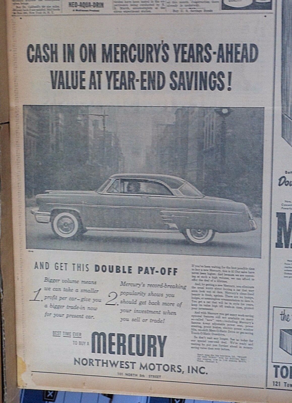 Large 1953 newspaper ad for Mercury - Get double pay-off, Year end savings