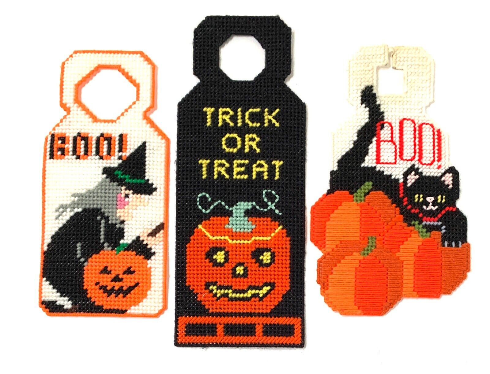 Lot of 3 Halloween Door Knob Hangers Decorations Witch Pumpkin Black Cat Boo