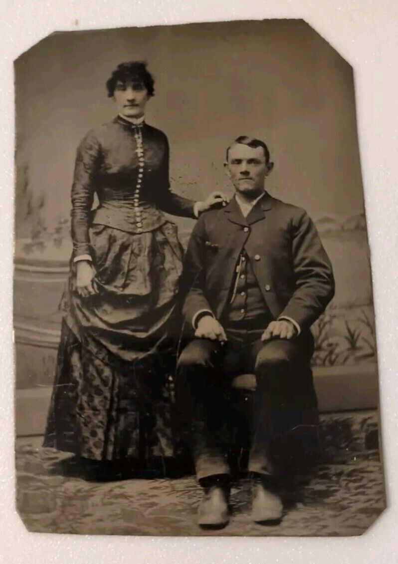 c1860s-70s Young Couple Tintype Photograph Antique Vintage