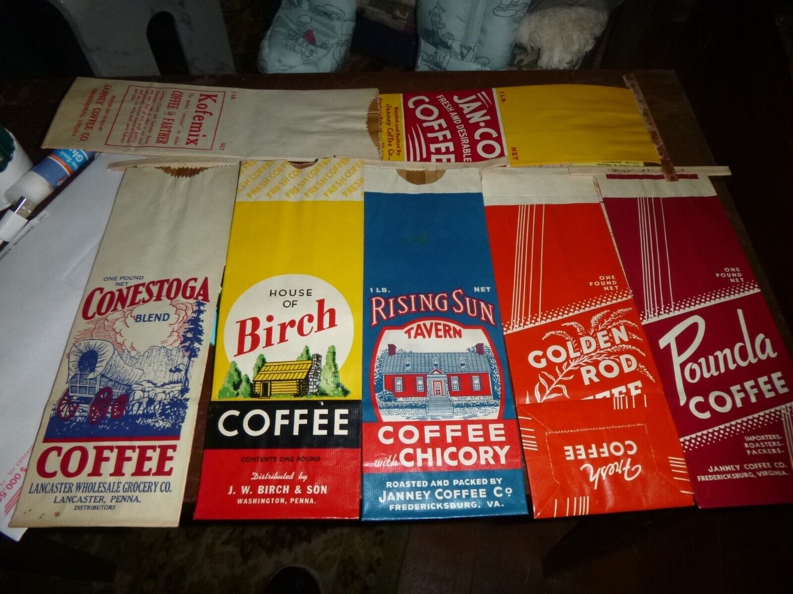 7 Vintage Coffee Bags Log Cabin Conestoga Tavern Fredericksburg Lancaster Graphi