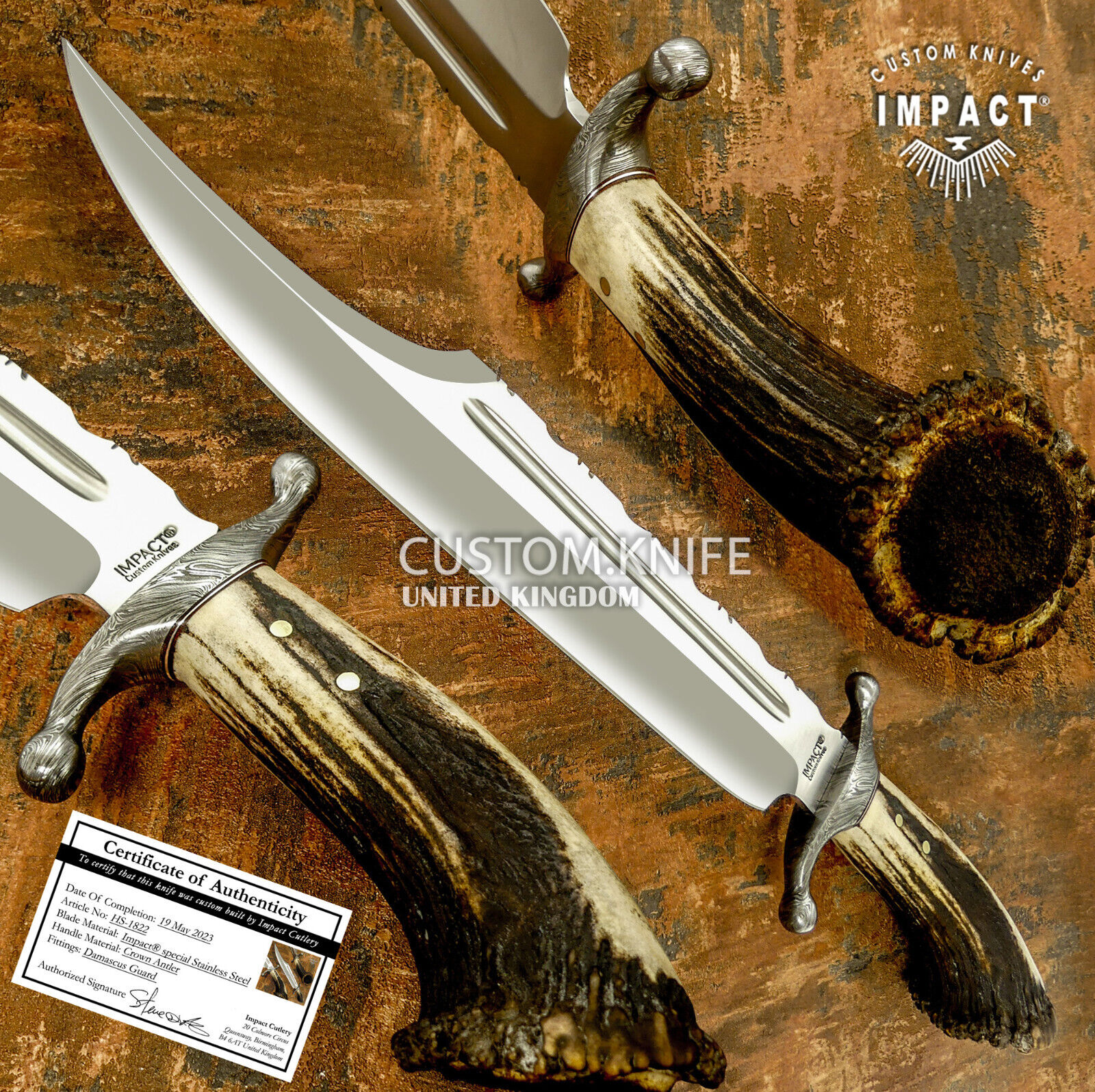 IMPACT CUTLERY RARE CUSTOM BOWIE KNIFE CROWN ANTLER DAMASCUS GUARD