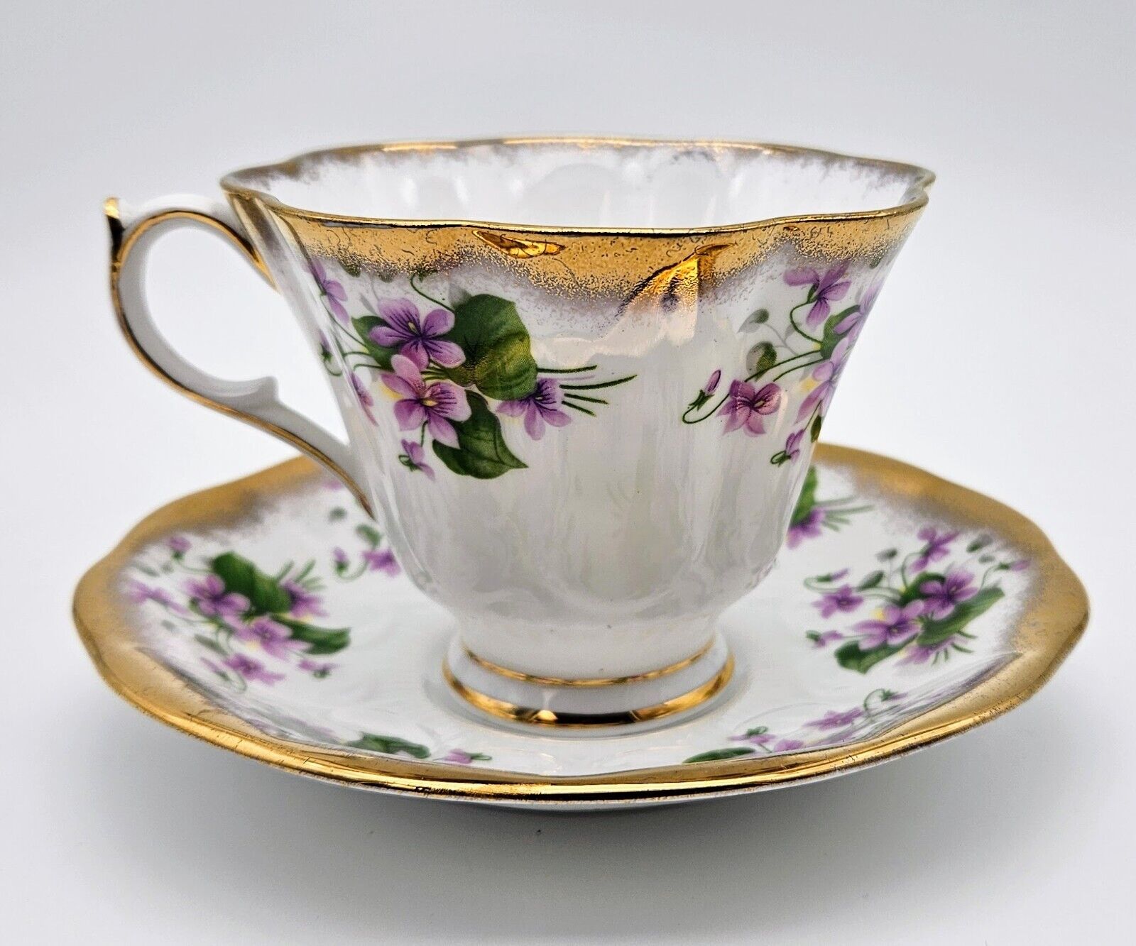 Vintage Queen Anne Bone China England Cup Saucer Violets with Gold