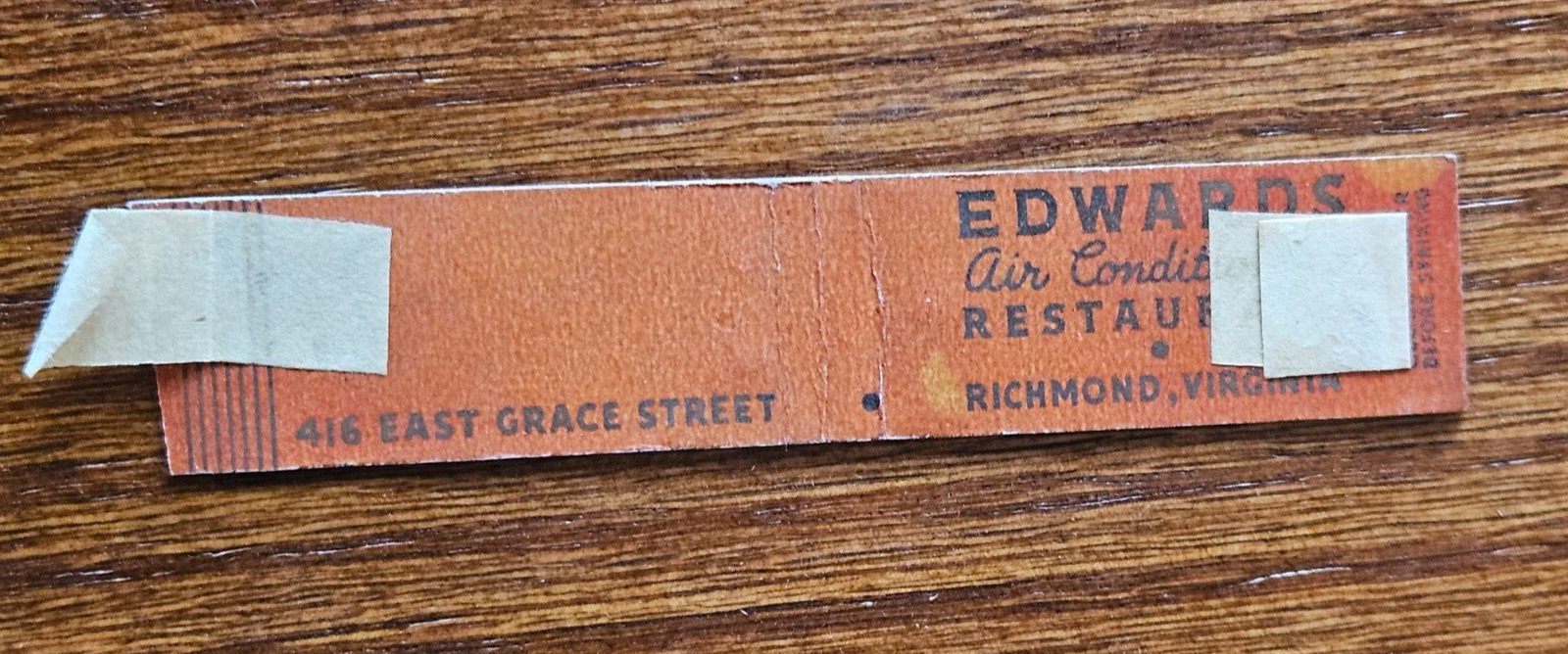 Vintage Matchbook Cover Edwards Air Conditioned Restaurant Richmond Virginia