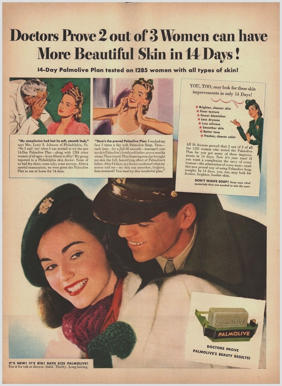 1945  Palmolive Soap Girl Soldier Nash Kevinator Print Ad Double Sided