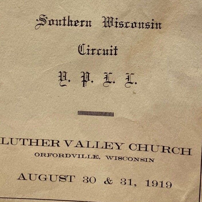 1919 Luther Valley Lutheran Church Convention Program Orfordville Wisconsin