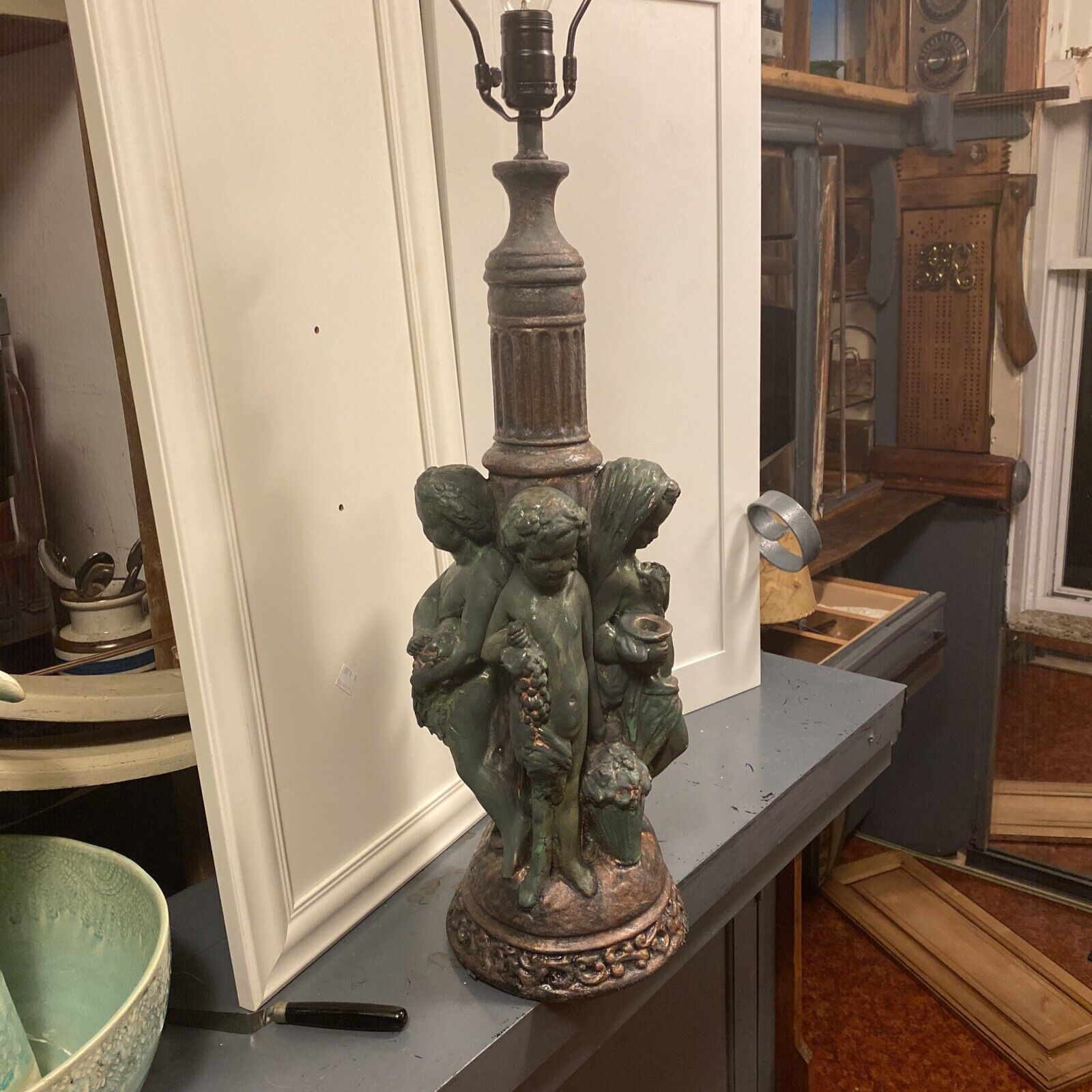 Vtg Chaulkware Plaster 31”Table Lamp 4 Cherubs Bearing Gifts, Faux Bronze Finish