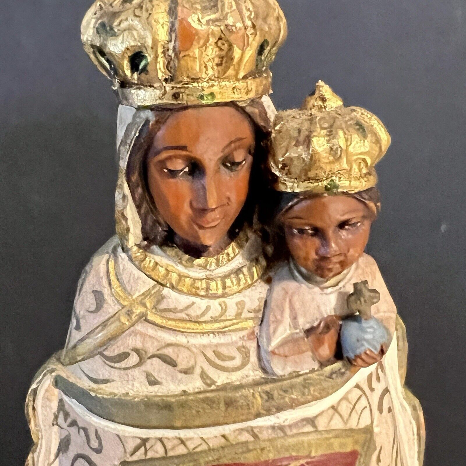 Our Lady Of Loreto Statue Carved Wood Hand Painted Gold Made Italy Vintage Holy