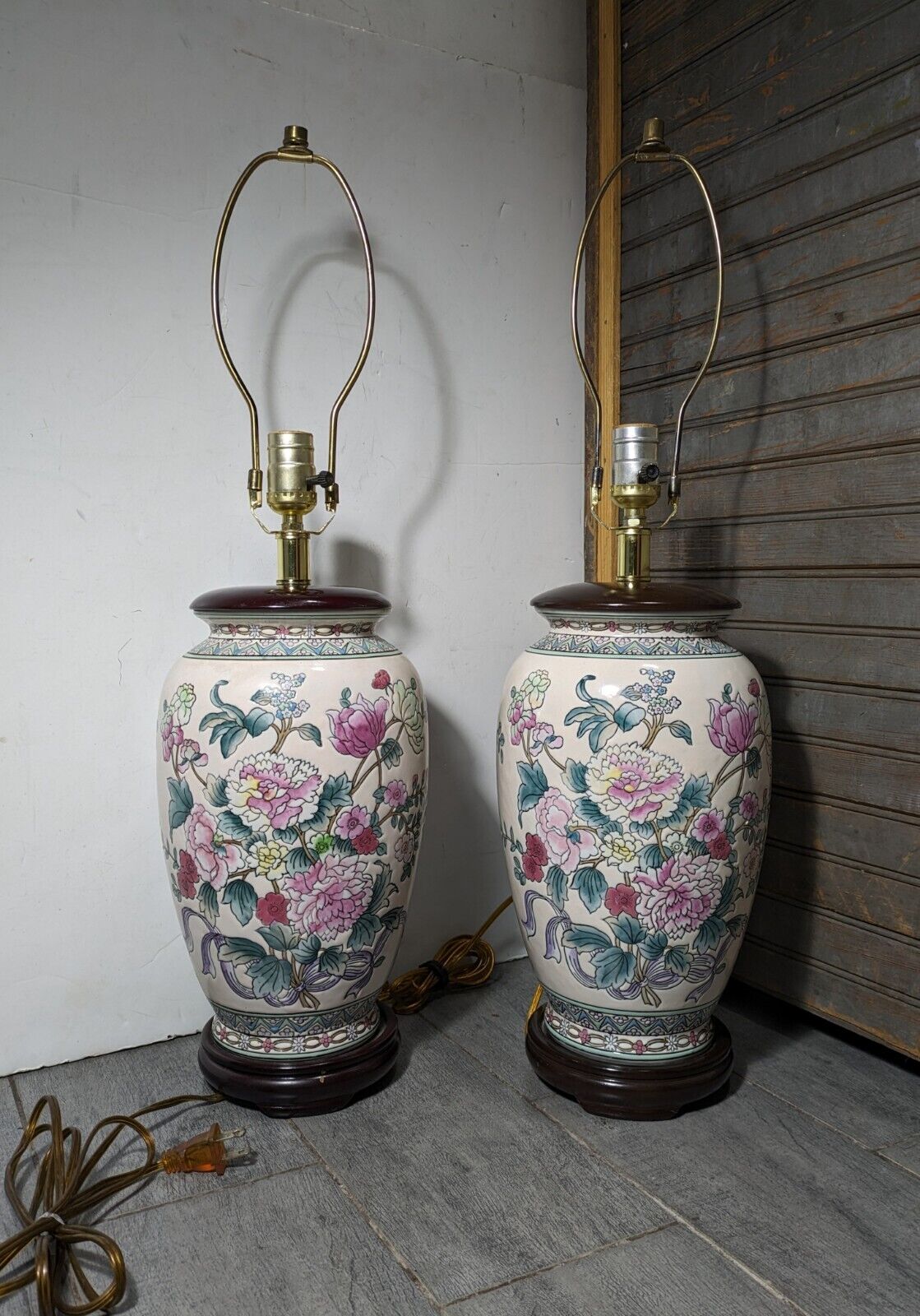 Pair of Vintage Asian Oriental Porcelain Floral Ginger Jar Vase Urn Table Lamps