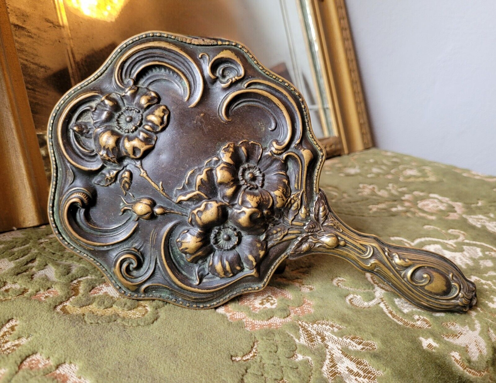 Antique Art Nouveau Silver Plated Beveled Vanity Hand Mirror Repousse Floral