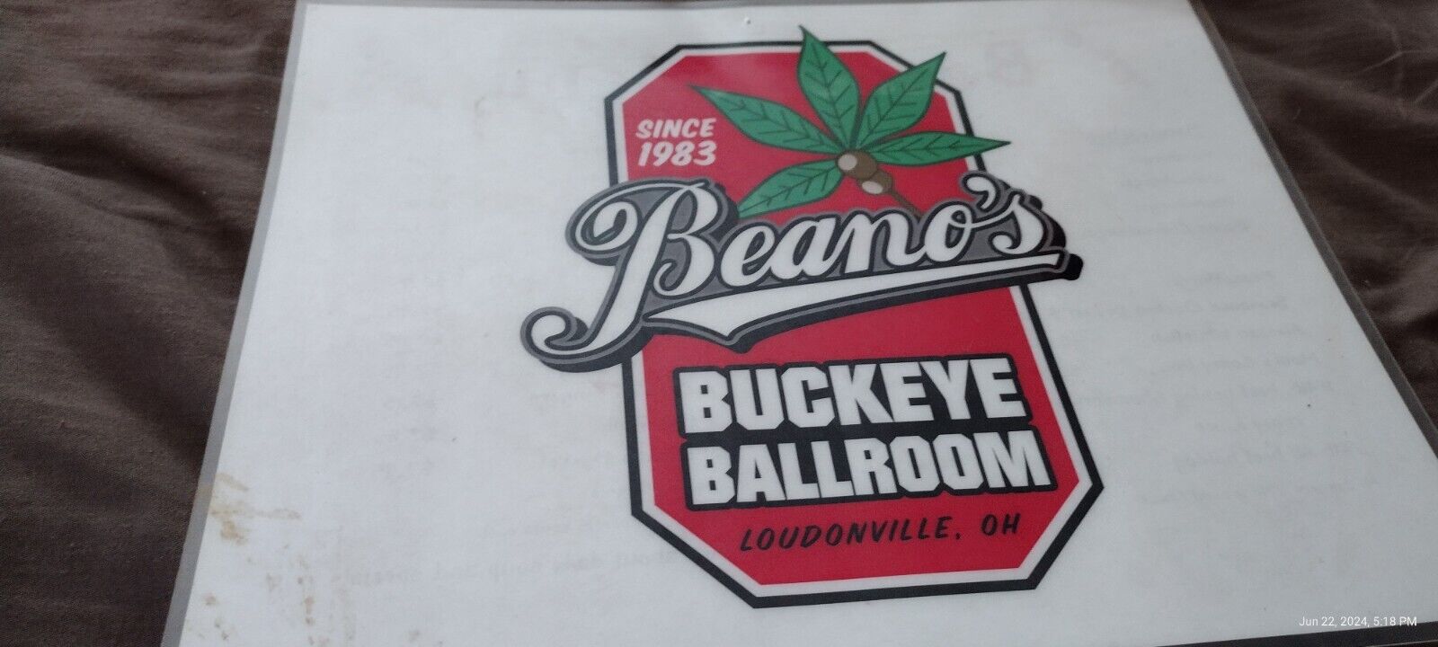 Vintage Beano's Buckeye Ballroom Restaurant Menu