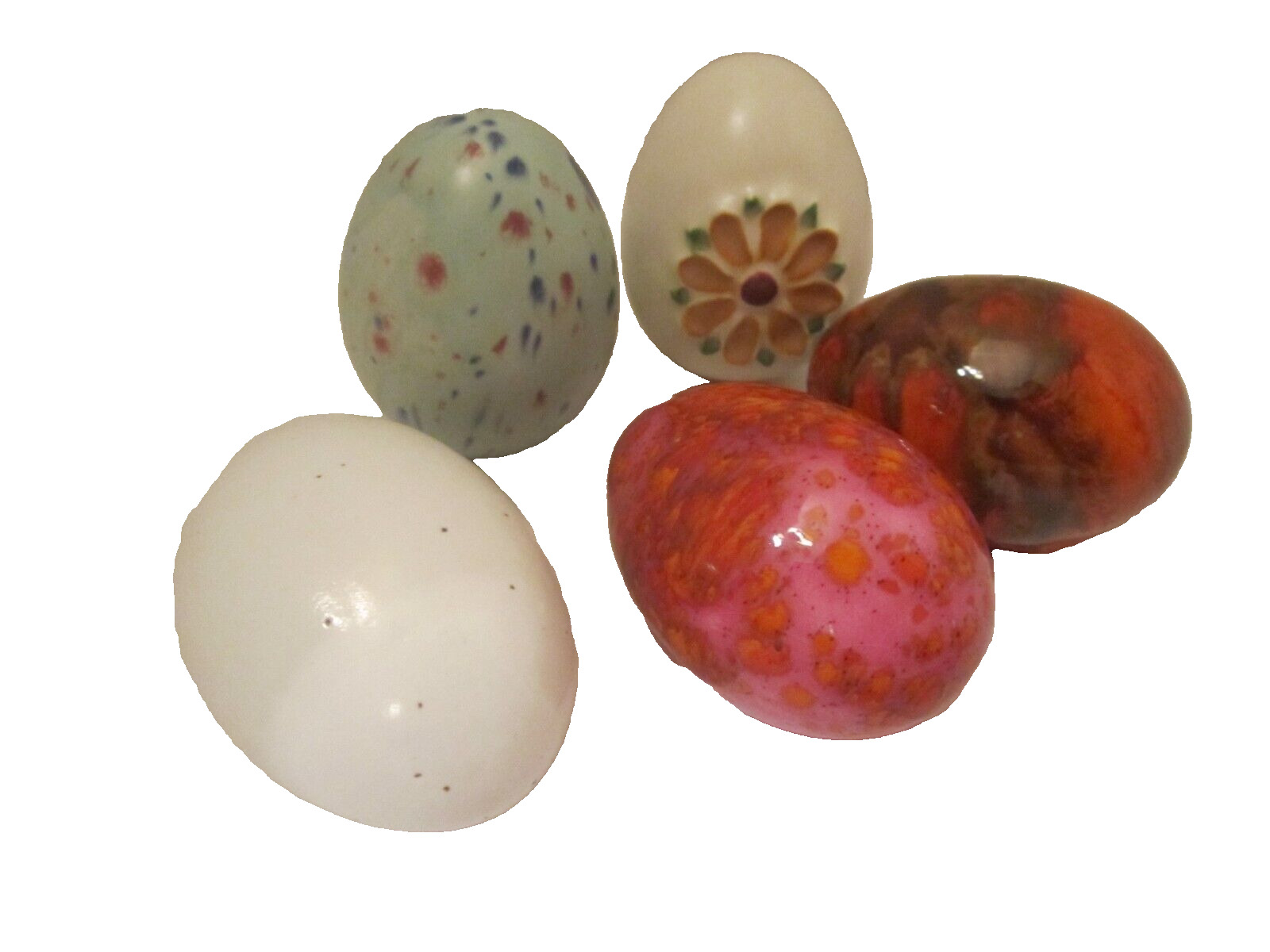 Lot of 5 Vintage Hand Painted Ceramic Easter Eggs. Spotted, Flower Tie Dye. 2.5\